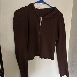 Brown Ribbed Zip-Up Hoodie